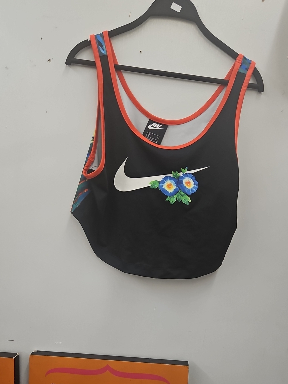 Nike Black Crop Tank with White Swoosh and Blue Floral